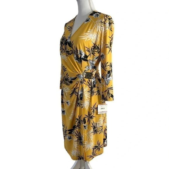Anne Klein NEW Yellow Tropical Floral Dress 6 Jersey Stretch Draped Knee Length - Picture 2 of 11